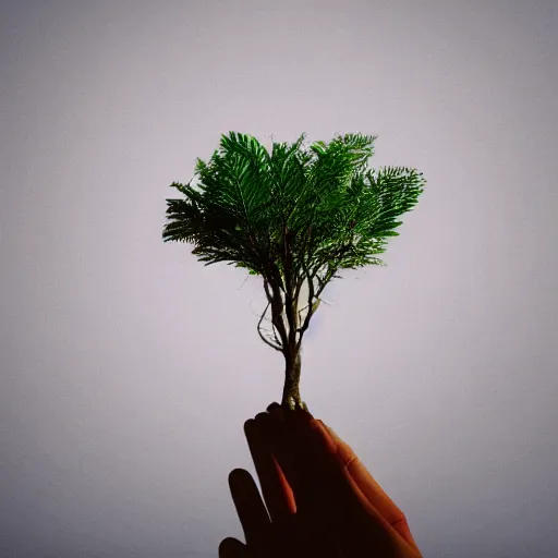 Image similar to A handpalm with a tree growing on top of it