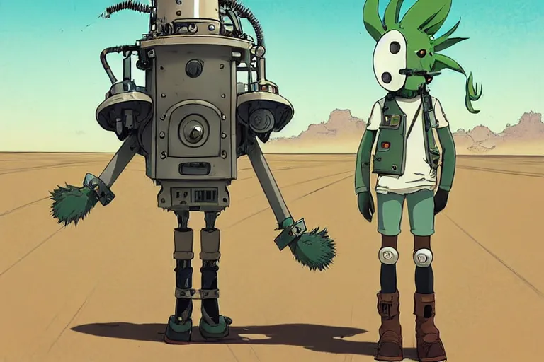 Prompt: a study of a cell shaded cartoon of a mechanized punk with green hair from howl's moving castle ( 2 0 0 4 ), on a desert road, full body, wide shot, very muted colors, post grunge, studio ghibli, laurie greasley, highly detailed, deviantart, art by artgem