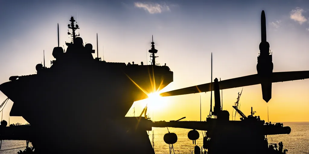 Prompt: warplane stand still on war ship, a dog cartoon symbol on its tail, sun on the background, a little bit silhouette, high quality, award winning photography, photo professional, photography, 2 4 mm lens, f 2. 0, high quality, sharpen, detailed, 8 k, hd, uhd, color grading