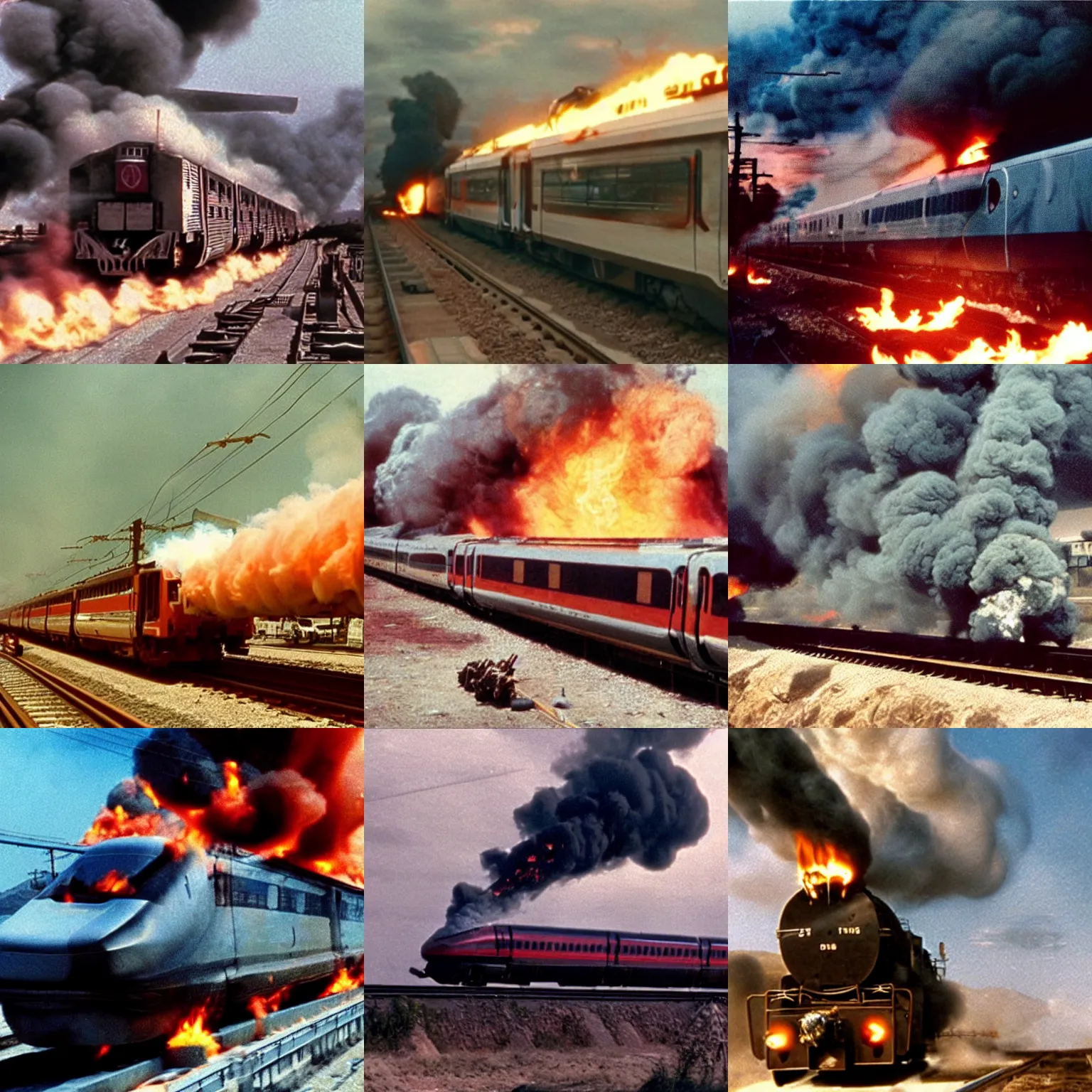 Prompt: A Japanese bullet train, belching fire and smoke, film still from 'Mad Max'