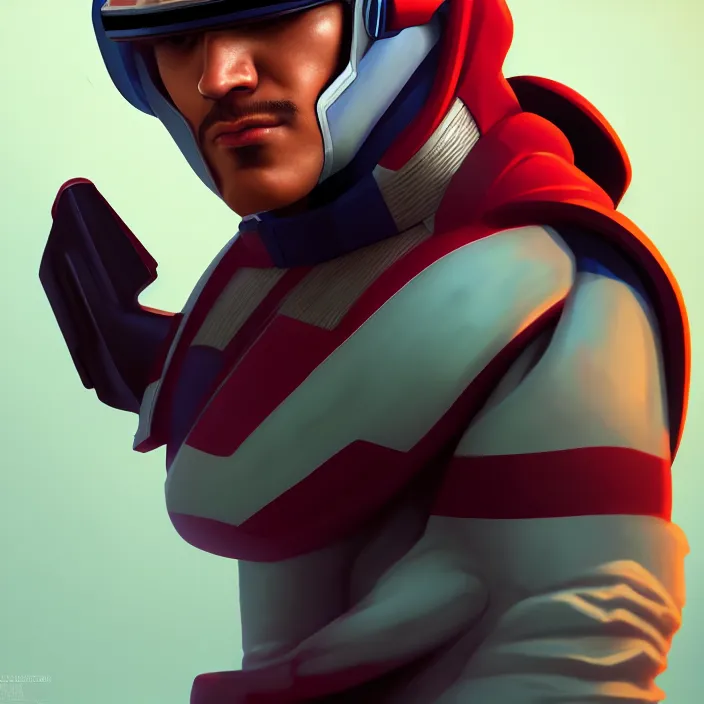 Image similar to cinematic bust portrait, captin falcon from f - zero, head and chest only, desaturated, thawan duchanee, masterpiece, trending on artstation, featured on pixiv, cinematic composition, dramatic pose, beautiful lighting, sharp, details, hyper - detailed, hd, 4 k