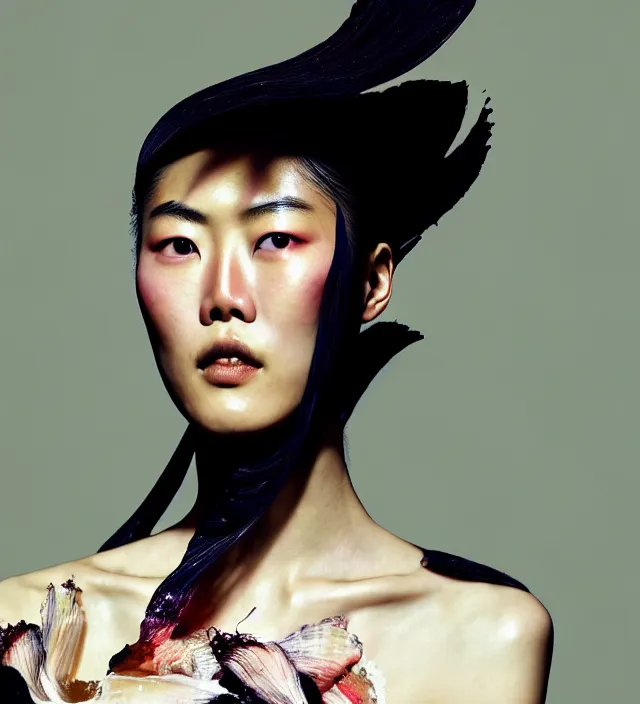 Image similar to photography american portrait of liu wen, natural background, sensual lighting, natural fragile pose, wearing stunning dress by iris van herpen, with a colorfull makeup. highly detailed, skin grain detail, photography by paolo roversi, nick knight, helmut newton, avedon, araki