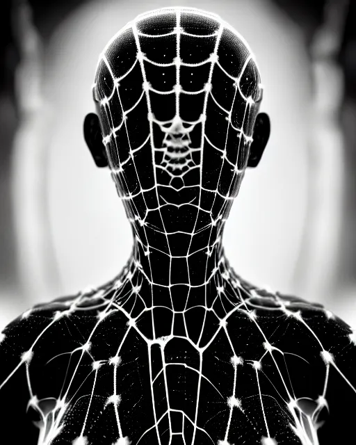 Prompt: black and white cyborg-plant goddess high quality photo, artificial intelligence, bio-mechanical bio-luminescence, artificial spider web, neurons, nerve cells, octane render, cinematic, rim light, hyper realism, photo-realistic, high detail, 8k, in the style of Steven Meisel and Dora Maar and H.G. Giger