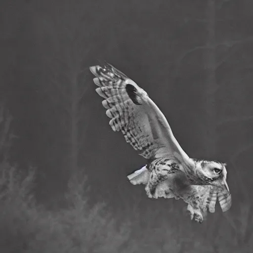 Prompt: huge owl with outstretched wings flapping flying at night through fog talons reaching for rabbit in the forest lit by the full moon fog moving through feathers