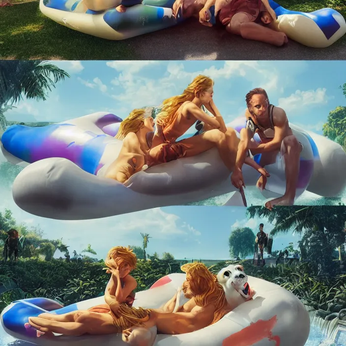 Image similar to minimal modernist jeff koons bauhaus style neverending story inflatable pool floats, ultra realistic, concept art, intricate details, serious, highly detailed, photorealistic, octane render, 8 k, unreal engine, art by todd mcfarlane and artgerm and greg rutkowski and alphonse mucha