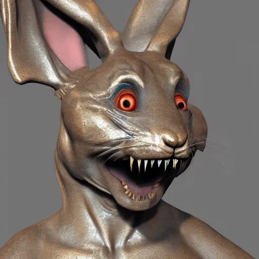 Prompt: a realistic renaissance sculpture of a very scary bunny with sharp teeth made by michelangelo, standing in times square, 3 d render, hyper detailed, sharp focus, 8 k resolution