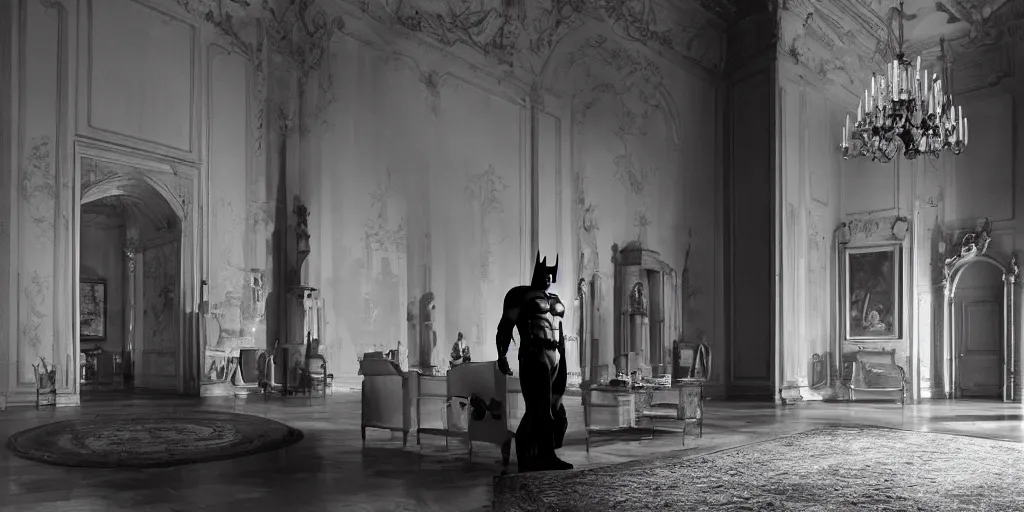 Image similar to Batman standing in giant Italian modern castle living room, clean minimalist design, that is 1300 feet tall, with very tall giant walls filled with modern art paintings, doors that are cosmic portals, photo by Annie Leibovitz