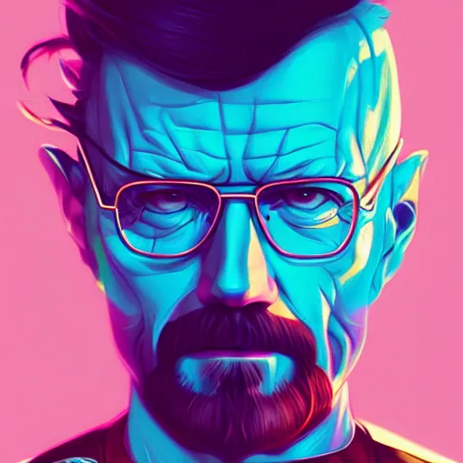 Image similar to high quality illustration, walter white realistic portrait, cyberpunk colors, vaporwave, retro, neotrad, lois van baarle, moebius, league of legend, digital painting, james jean