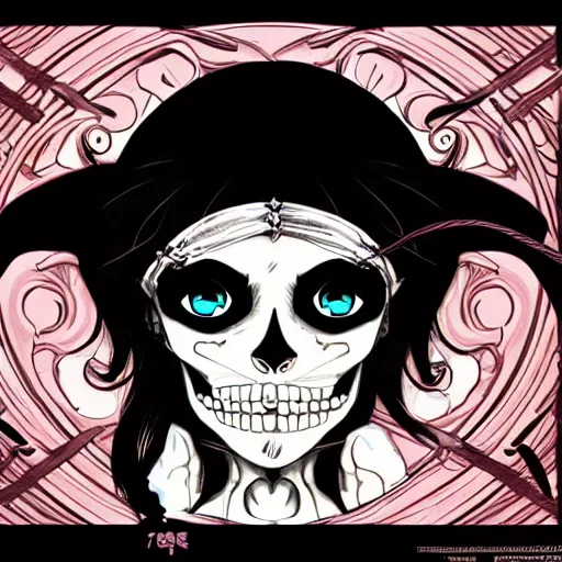 Prompt: anime manga skull portrait girl face pigtails pirate detailed highres 4k Trevor brown Mucha and James Jean pop art nouveau