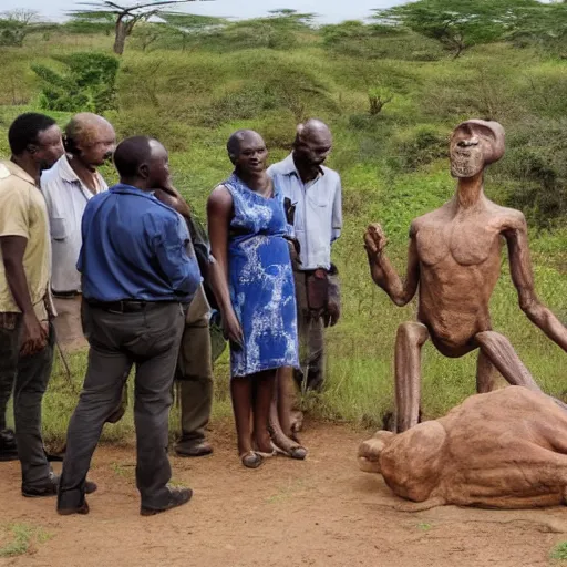 Prompt: modern researchers meeting homo erectus in the wild, east african plains, modern human meeting archaic human, scientists, award - winning photograph