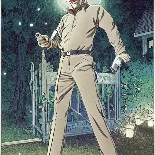 Image similar to michael myers in outside the myers house, halloween night, finely illustrated pale mask, moon light, shrubs, highly detailed, colored pencil, gainax, tankobon, in the style of ilya kuvshinov and yoshiyuki sadamoto and william - adolphe bouguereau and alphonse mucha