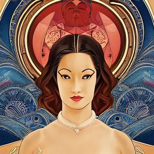 Image similar to an art nouveau, ( streamline moderne ), multi - racial portrait in the style of chanthara. very large, clear, expressive, and intelligent eyes. centered, ultrasharp focus, dramatic lighting, photorealistic digital matte painting, intricate symmetrical ultra detailed background.