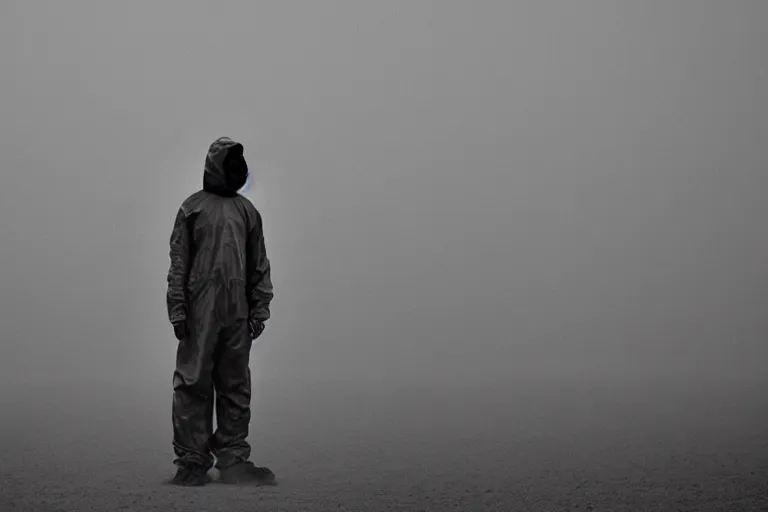 Image similar to a cinematic portrait of a prisoner dressed in a a black and white hazmat suit in a desert, dust storm, thunder and lightning, lee madgwick and zack snyder, 8 k, hd, high resolution, 8 5 mm, f / 1. 8