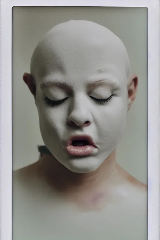 Image similar to a liquid white clay porcelain portrait of a face melt down flow go runny, body painted with white thick fluid, realistic detailed watercolor polaroid, grainy image, contrast