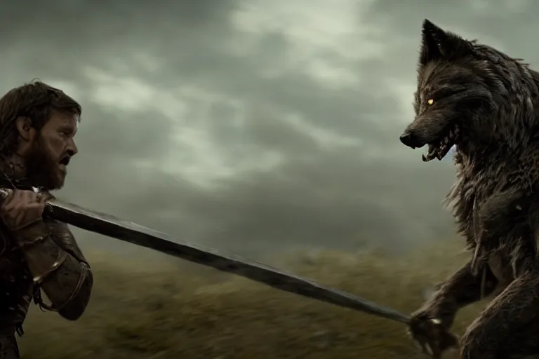 Image similar to still from a fantasy movie, a out of focus man in the foreground, facing a angry dire wolf, muted colors, action, 8 k, depth of field, cinematic, hyperrealistic, movie still frame, promotional image, imax 7 0 mm footage