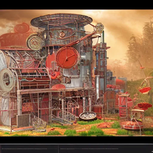 Prompt: fineline painting of an isometric steampunk strawberry jam factory, colour pallette of strawberry shortcake, incredible detail, vray render subsurface scatter drum scanner, intricate complexity, golden ratio, cartoon animation pendleton ward, karol bak, 8 k detail