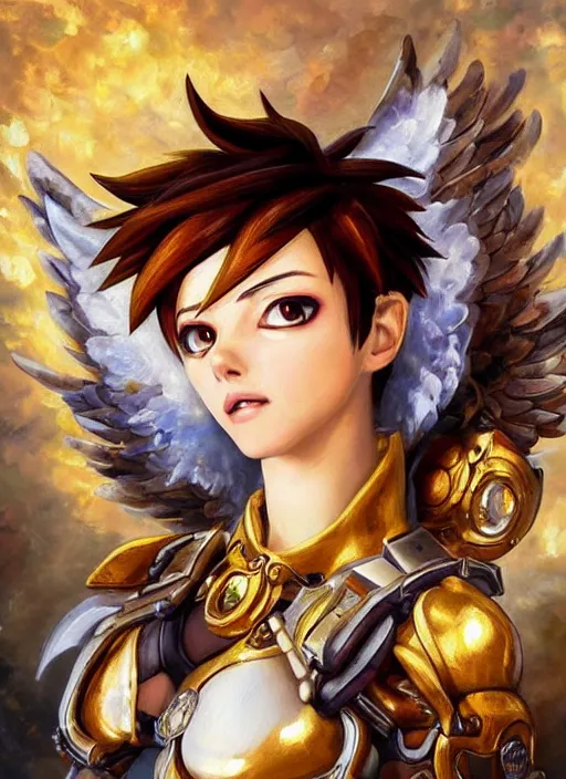 Image similar to full body oil painting of tracer overwatch in the style of sophie anderson, angel wings, angelic golden armor, dramatic painting, symmetrical composition, ornate, golden chains, high detail, gold detailed collar!!!!!, blooming, angelic, lights, flowers, heavenly, bright, detailed face,