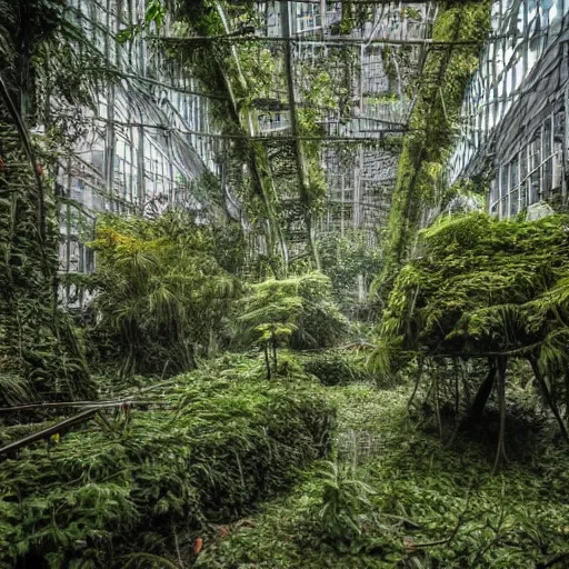 Prompt: futuristic world taken overgrown by plants with abandoned buildings and cars
