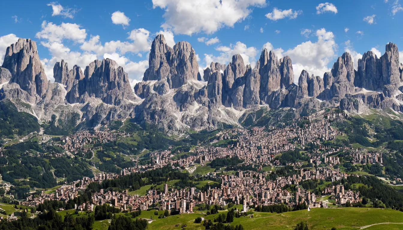 Image similar to new york city in the dolomites mountains