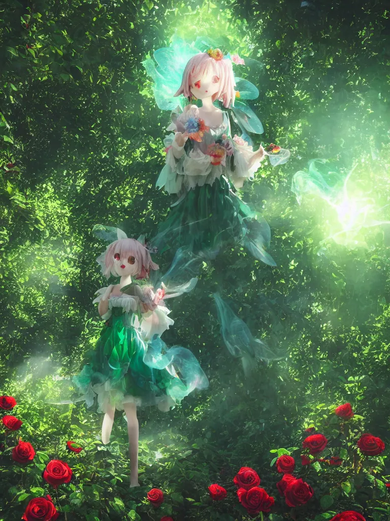 Image similar to cute fumo plush girl among vines in the middle of a lush rose garden, glowing ethereal gothic magical wraith fairy girl, tattered green dress, smoke and orange volumetric fog, blue sky sunshine and cloudless lens flare, bokeh, vray