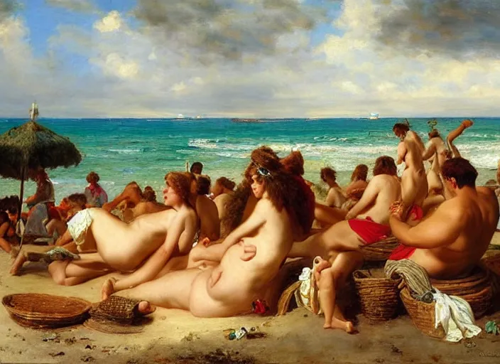 Prompt: the roman legion relaxing on the beach by vladimir volegov and alexander averin and pierre auguste cot and delphin enjolras