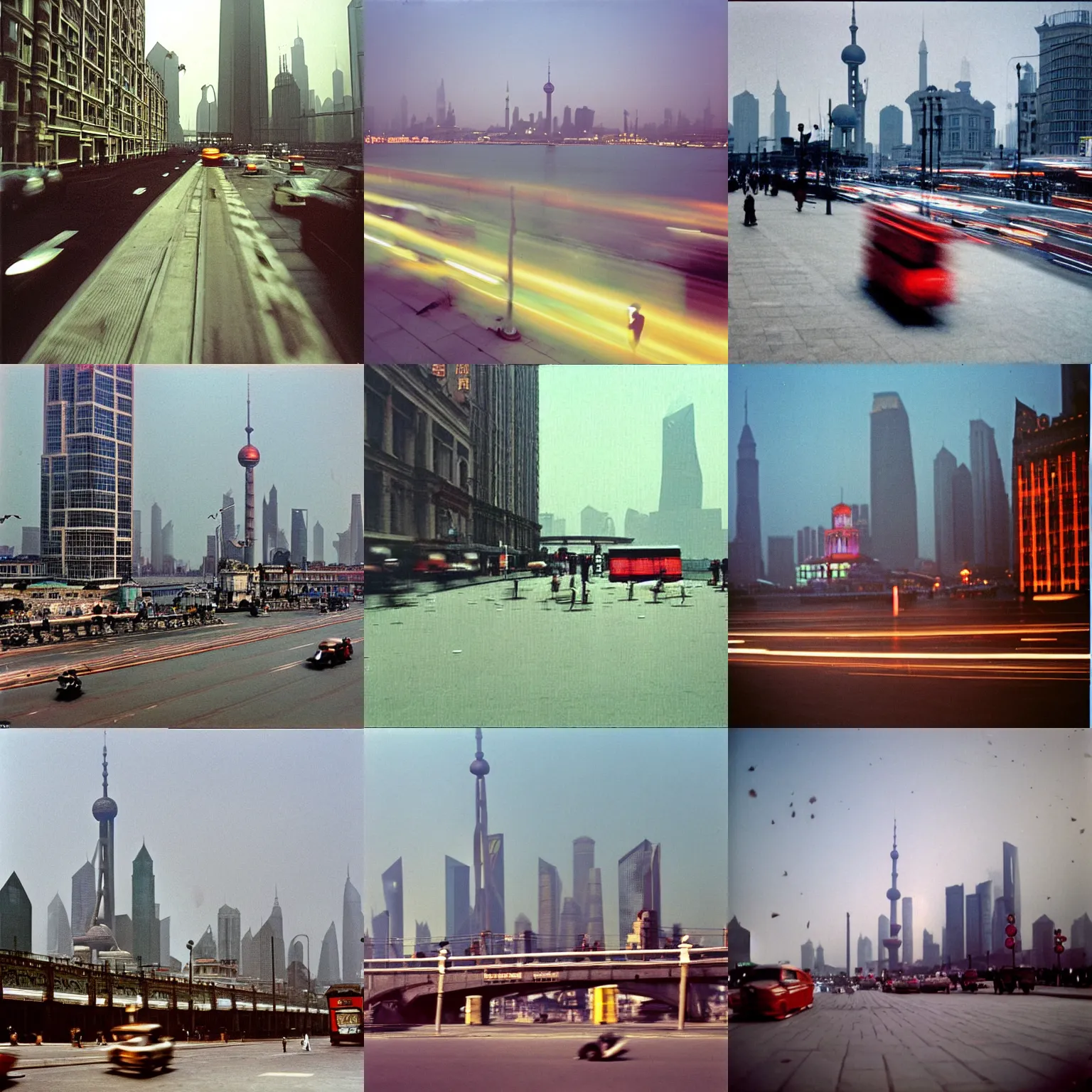 Prompt: color photo of the streets of modern Shanghai with The Bund in the background, motion blur, by Ernst Haas