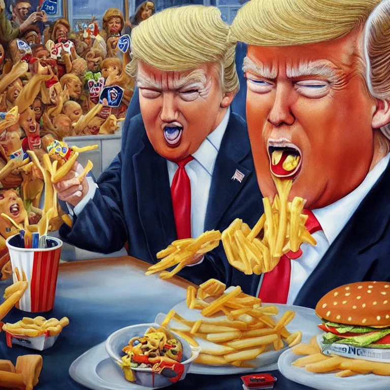 Image similar to a jon mcnaughton painting of donald trump eating a happy meal at mcdonald's