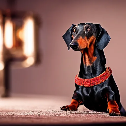 Prompt: professional portrait photography of a dachshund in an opera