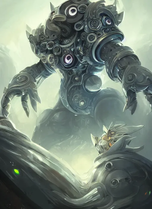 Prompt: a highly detailed illustration of silver gear mechanical giant, with big glowing cute eyes, gentle calm sitting pose, intricate, elegant, highly detailed, centered, digital painting, artstation, concept art, smooth, sharp focus, league of legends concept art, WLOP