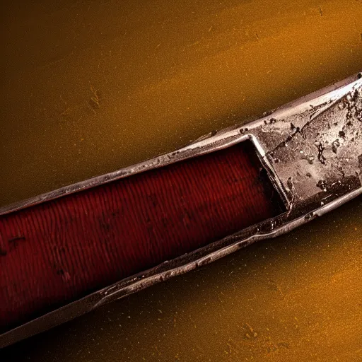 Image similar to generate a sharp fine sword, well worked, rusty, edge rusty, dark, tint, post denoised, 4 k textured, macro zoom, dynamic lighting