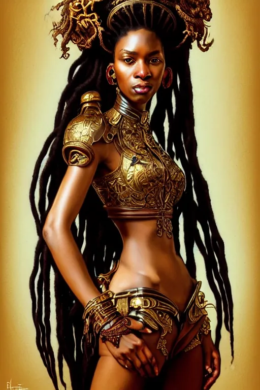 Image similar to full body Portrait of very beautiful african dreadlock hair style woman, leather baroque ornate suite by thierry muggler, holding her helmet, real life skin, intricate, elegant, highly detailed, artstation, concept art, smooth, sharp focus, art by artgerm and greg rutkowski and alphonse mucha