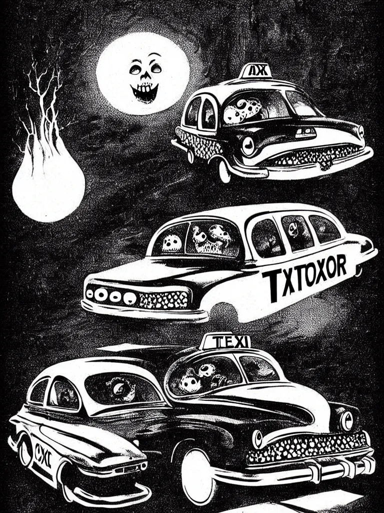 Prompt: Vintage Horror Illustration of a Blob Creature Consuming a Taxi Cab. Glowing , Spooky lighting , Pinterest