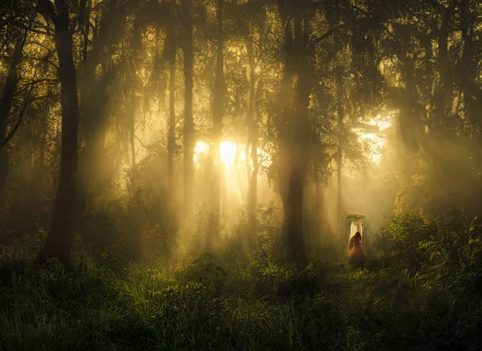 Image similar to misty swamp, hazy fog, sundown golden hour, early morning dance, smile, fireflies and sparkling wisps, rainbow sun rays through trees, Lilia Alvarado, Sophie Anderson, Mark Arian, Bob Byerley, Charlie Bowater, Mark Brooks, Steve Henderson, Justin Gerard, Arthur Hughes, Edward Robert Hughes, Mark Keathley, Victor Nizovtsev, Carlos Shwabe, Ross Tran, WLOP