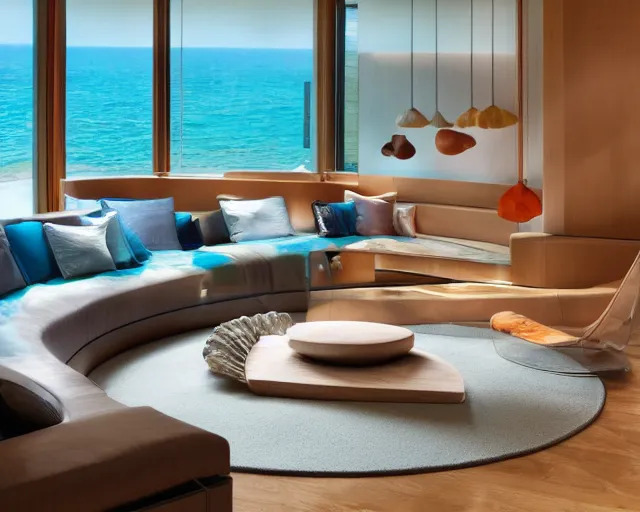 Image similar to A modern living room inspired by the ocean, a luxurious wooden coffee table with large seashells on top in the center, amazing detail, 8k resolution, blue color, calm, relaxed style, harmony, wide angle shot