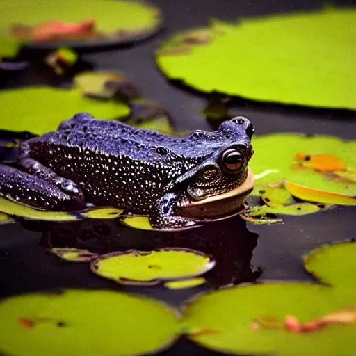 Image similar to dark clouds, close - up of a alien space frog in the pond with water lilies, shallow depth of field, highly detailed, autumn, rain, bad weather, ominous, digital art, masterpiece, matte painting, sharp focus, matte painting, by isaac levitan, asher brown durand,