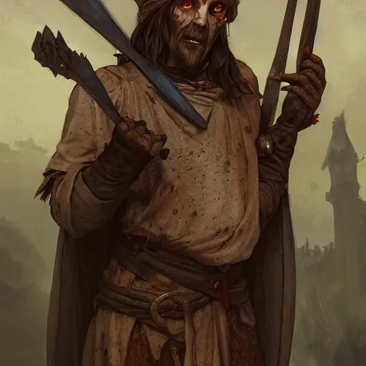 Image similar to medieval zombie peasant, D&D character, highly detailed, digital fantasy character, painted portrait, artstation, concept art, hard focus, illustration, art by artgerm and greg rutkowski and Alphonse Mucha and Craig Mullins, James Jean, Andrey Ryabovichev, Mark Simonetti and Peter Morbacher