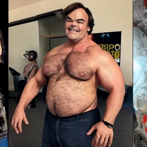 Image similar to jack black and the rock as a single portly buff man