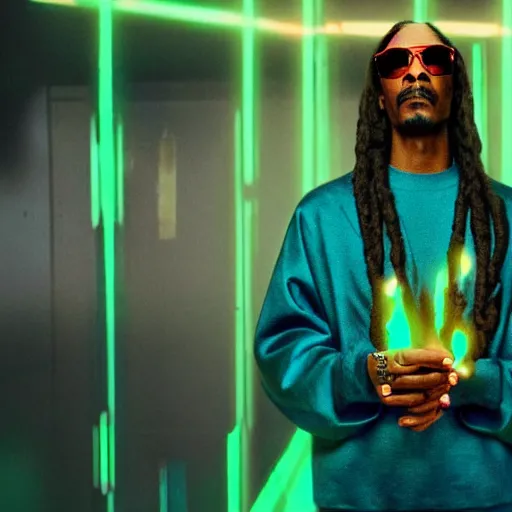 Prompt: cinematic film still of Snoop Dogg starring as a futuristic Marvel Super Hero holding green fire in a 2022 Marvel Movie, 40mm lens, shallow depth of field