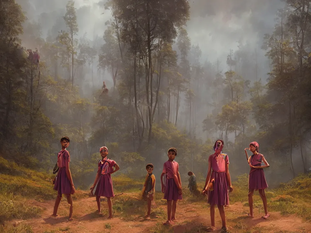 Image similar to kerala school boys wearing girls dresses posing for a photo, an epic fantasy, dramatic lighting, cinematic, establishing shot, extremely high detail, photorealistic, cinematic lighting, artstation, matte painting by simon stalenhag, horizon forbidden west