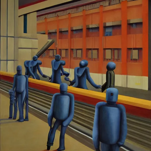 Image similar to drab human slaves on a conveyor belt, guarded by fascist robot overlords, brutalist facility, battersea, dystopian, pj crook, edward hopper, oil on canvas