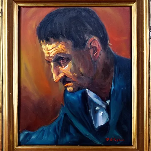 Image similar to weakest man in poland, expressive oil painting