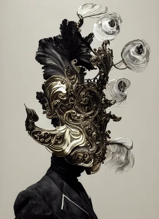 Prompt: highly detailed oil painting | very intricate | cinematic lighting | black and white, black background | the trumpet mask by alexander mcqueen | by roberto ferri, by leng jun, by j. c. leyendecker and klimt, american romanticism, by austin osman spare, artstation, cgsociety, official art, octane