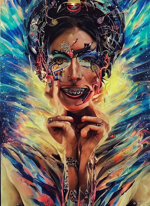 Prompt: gorgeous magic cult psychic woman smiling, third eye, energetic consciousness psychedelic, epic surrealism expressionism symbolism, story telling, iconic, dark robed, oil painting, symmetrical face, dark myth mythos, by Sandra Chevrier, Noriyoshi Ohrai masterpiece