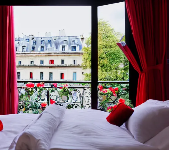 Image similar to the inside view of the inside of a hotel room in paris with a beautiful lady in a red dress peering outside on the balcony and a man in a white dress shirt laying on a bed covered with roses, candles around the room, soft lighting, romantic, soft art, 4 k, realistic, detailed