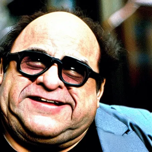 Image similar to A movie still of Danny Devito as Batman in The Dark Knight