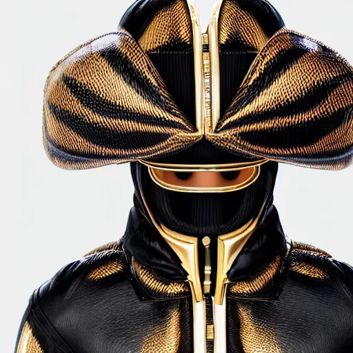 Image similar to portrait of masked dune dynasty with louis vuitton clothes, white background, louis vuitton logo, 8 k, symmetrical, 3 d render, octane render, insane details