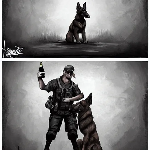 Image similar to two humanoid german shepherds beast - men in military style, they holding a beer, artstation, concept art, smooth, sharp foccus ilustration, artstation