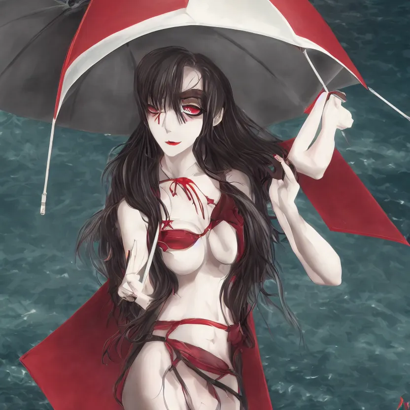 Image similar to portrait of a beautiful and grim vampire queen in the shade underneath a large beach umbrella, trending on pixiv