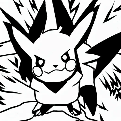 Image similar to an anime image in the style of pokemon, lightly sketched in pencil. a large, angry - looking pikachu with spiky orange ears comes charging at the viewer from a background sea of flames.