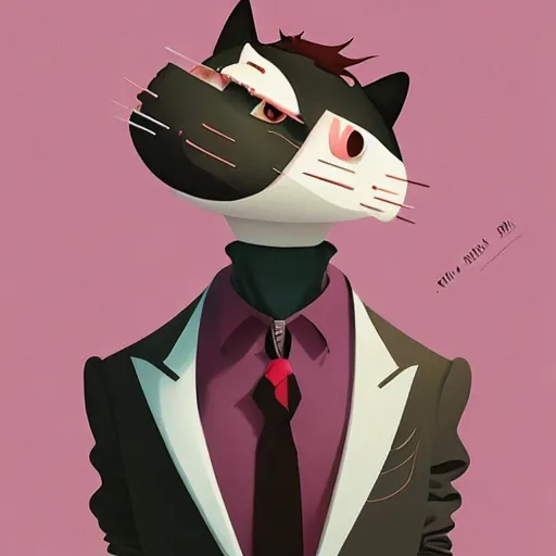 Prompt: cute fashion vogue kittycat man man wearing a cat costume wearing a tuxedo ripped physique gerald brom bastien grivet greg rutkowski portrait